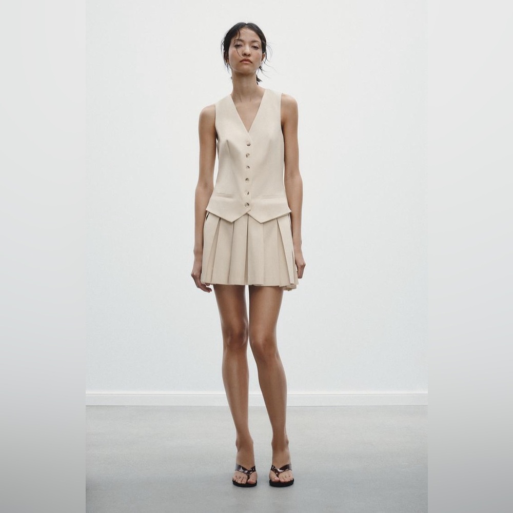Beige V-Neck Button Vest and Pleated Mini dress